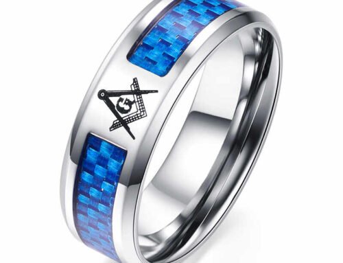Mens titanium wedding bands with Masonic design and blue carbon fiber inlay