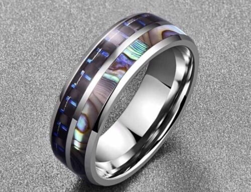 Mens titanium wedding bands with colorful shell and blue carbon fiber inlay