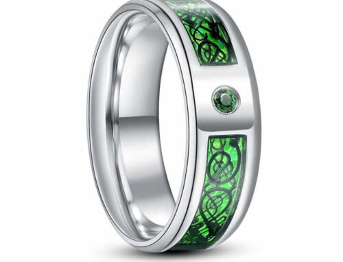 Mens titanium wedding bands with dragon design over carbon fiber inlay