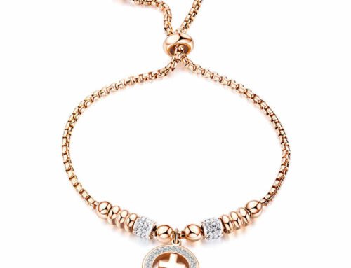 Rose gold plated cross pattern titanium steel zircon inlaid adjustable hand bracelet