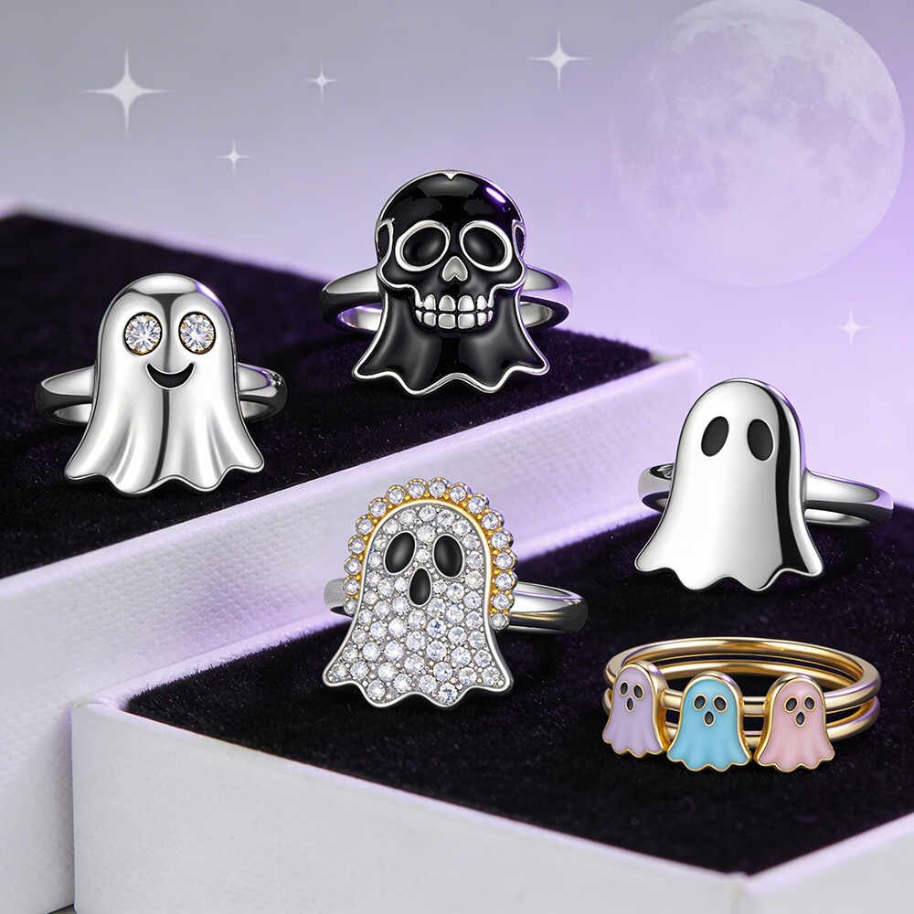 Wholesale ghost rings collection with silver black enamel and moissanite designs on black velvet