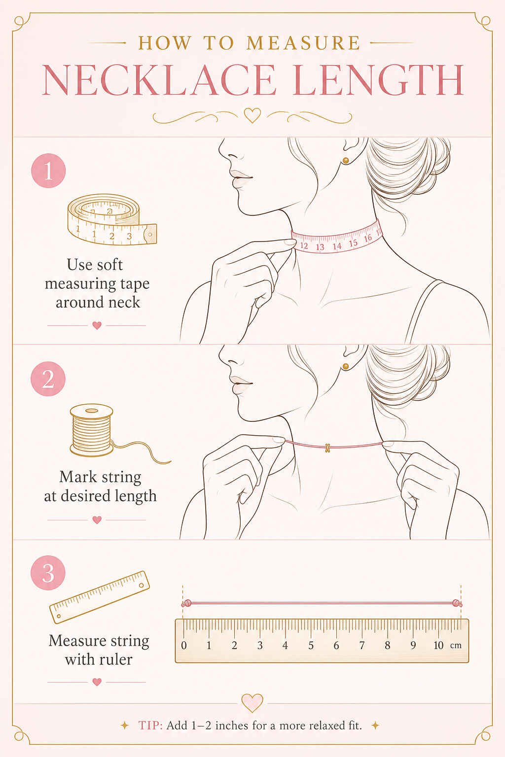 how to measure women`s necklace lengths tutorial showing three methods: using soft measuring tape around neck, marking string at desired length, and measuring string with ruler