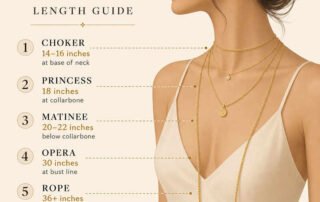 women's necklace lengths guide showing choker 14-16 inches, princess 18 inches at collarbone, matinee 20-24 inches, opera 30 inches, and rope 36+ inches with measurements